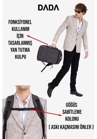 Dada USB Type-C Girişli Fonksiyonel Laptop Sırt ve Seyahat Çantası Gri 15,6 İnç 40 Litre