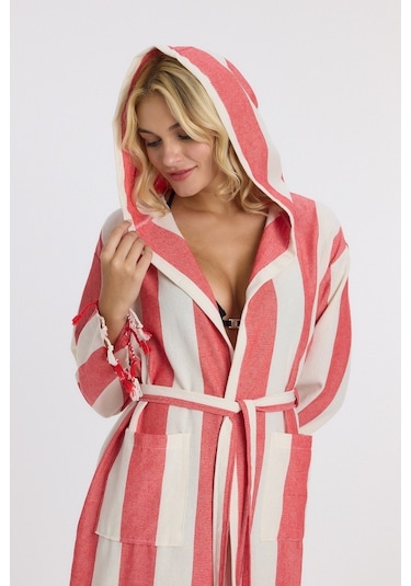 Mulberry Striped Peştemal Bornoz Banyo Ve Plaj Elbisesi Kırmızı