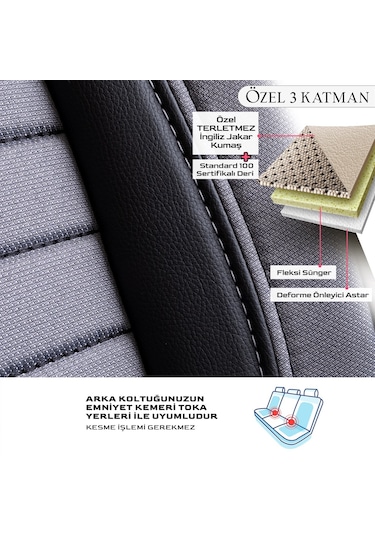 Panda Londra Serisi İngiliz Jakar Kumaş Oto Koltuk Kılıfı - Açık Gri - Siyah