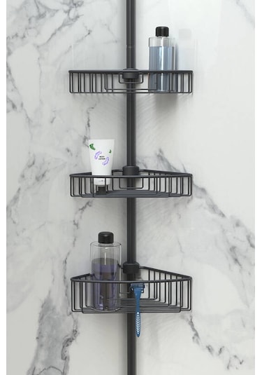 Primanova Yay Baskılı Kurulumu Kolay Üç Gözlü Alüminyum Yaylı Banyo Köşe Rafı Siyah-m-n29-06-3 Siyah