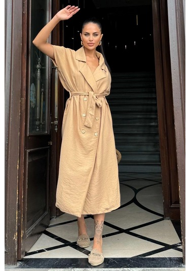 Kadın Bej Kruvaze Yaka, Kısa Kollu, Kemer Detaylı, Rahat Kesim, Midi Keten Elbise Bej