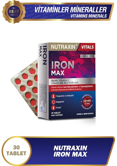 Nutraxin Iron Max 17 Mg 30 Tablet - Gentle Iron, Vitamin C, B12, B6, Folik Asit