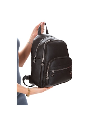 Kadın Günlük Deri Siyah Sırt Çantası Siyah