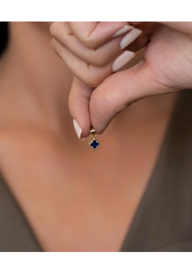 Bayar Gold 14 Ayar Altın Lacivert Renkli Yonca Kolye Ucu Sarı Altın