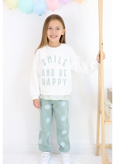 Kız Çocuk Smile And Happy Baskılı Kalın Eşofman Takımı Beyaz