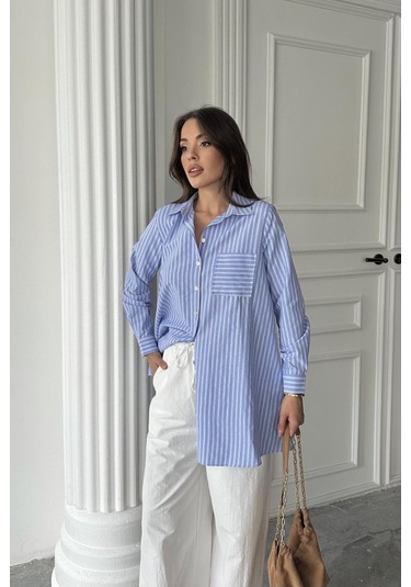Mavi Çizgili Uzun Gömlek Mavi
