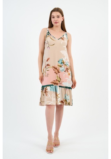 Bağlama Detaylı Askılı Volanlı Elbise B24-425-01 Kahverengi