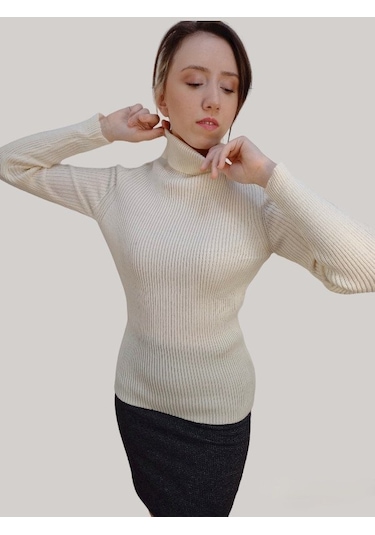 Boutique Venüs Fitilli Triko Kazak Ekru Renk Standart Beden Ekru