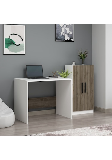 Dekorosso Dekorosso Stic Dolaplı Çalışma Masası Beyaz-Ceviz Beyaz  -  Ceviz