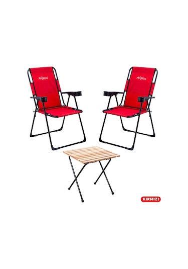 2 Adet Katlanır Kamp Sandalyesi Ve Masa Seti - Rest - Kırmızı - 130 Kg Taşıma Çok Renkli