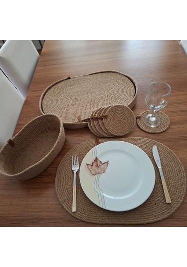 Oval 6 Kişilik 14 Parça Hasır Rengi Amerikan Servis, Hasır Supla Naturel