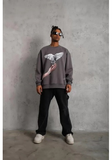 Vexor Erkek Güvercin Baskılı Sweatshirt - Gri