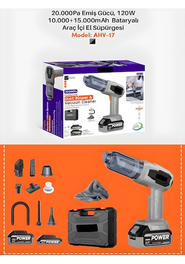 20000pa 120w Güçlü Emişli Çift Bataryalı Kablosuz Vakumlu Üflemeli Mini Araç Süpürgesiv -