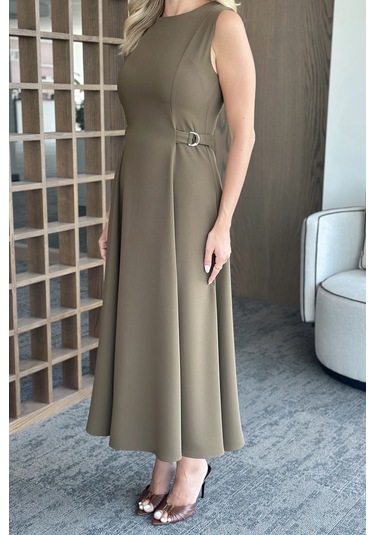 Haki Bel Kemer Detaylı Elbise Haki