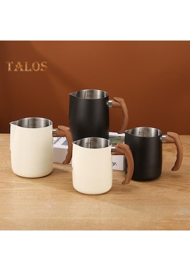 Siyah 600/1000 Ml Süt Köpürtme Sürahi Hassas Ölçekli Ahşap Saplı Damlamasız Borulu Paslanmaz Çelik Latte Kahve Fincanı 1000ml