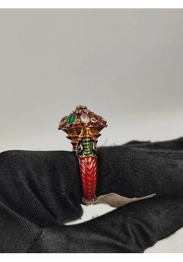 925 Ayar Gümüş Mine İşlem Yüzük 254 Kırmızı