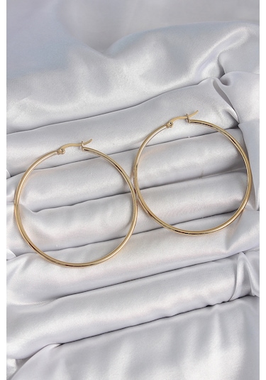 316 Çelik Gold Renk 53 Mm Halka Model Kadın Küpe Altın