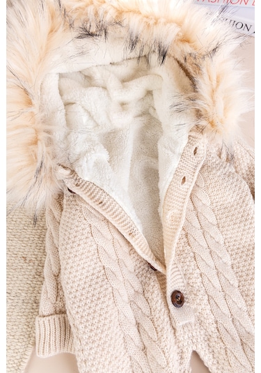 Triko Örgü Kışlık İçi Welsoft Astarlı Kapüşonlu Kız/erkek Bebek Tulum Bej