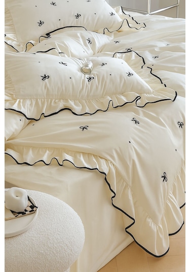 Uçkan Home Soft Elegance Çift Kişilik Nevresim Seti %100 Pamuk Ekru--UH-00036