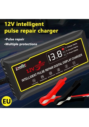 Xuweiwei Jınnuoyı 12v Akü Şarj Cihazı Siyah Eu Fişi Geliştirilmiş Büyük Dijital Ekran Darbe Onarım Bakım Çoklu Koruma Araba Motosiklet Karavan