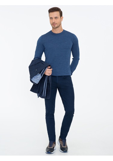 Cacharel İndigo Slim Fit Bisiklet Yaka Basic Triko Kazak Mavi