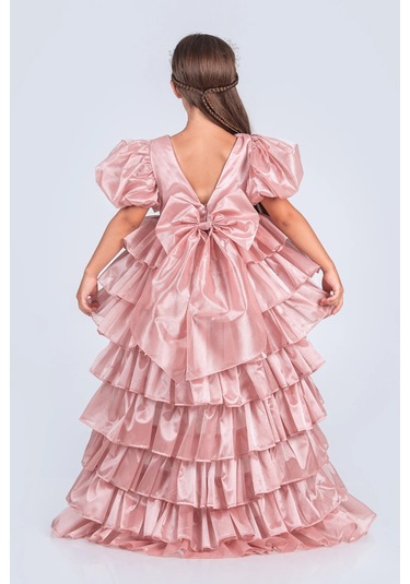 Volanella Taçlı Kız Çocuk Abiye Çift Tarz, Tek Elbise. Pudra