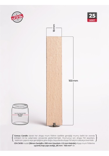 Ahşap Mum Fitili 18 Mm Genişlik Nikel Kaplama Çelik Taban, 3m Köpük Bantlı, 25 Li Set Ahşap