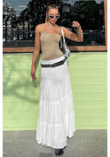 Madmext Beyaz Basic Pileli Kadın Uzun Etek-beyaz Beyaz