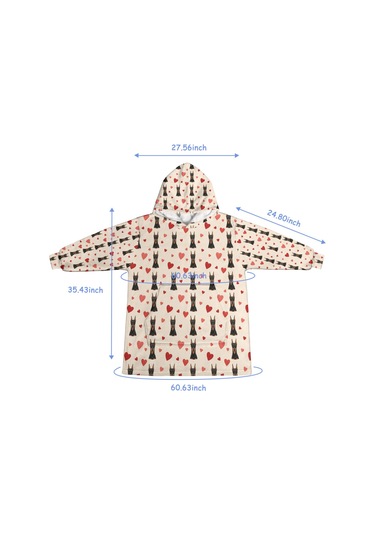 Doberman Desenli Giyilebilir Battaniye Hoodie, Unisex, Kalın, Cepli-a3 Doberman Heart Layered