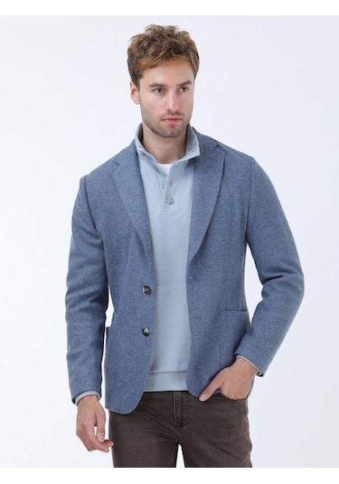 Kip Mavi Düz Modern Fit Yün Karışımlı Örme Ceket Çok Renkli