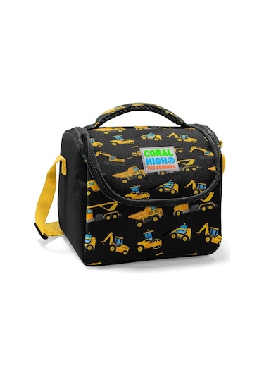 Coral High Siyah Sarı Iş Makinesi Baskılı Okul Beslenme Çantası
