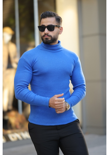 Erkek Indigo Boğazlı Triko Kazak İndigo