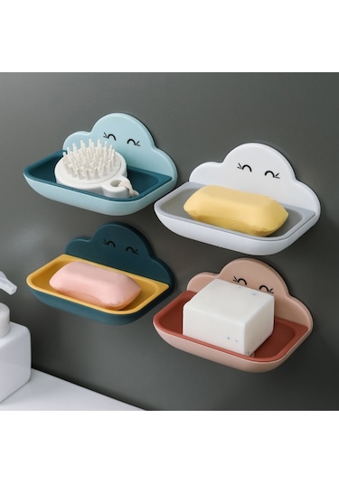 Bulut Sabun Kutusu Tuvalet Yaratıcı Duvara Monte Banyo Tuvalet  Punch Çift Katmanlı Drenaj Rafı Açık Mavi