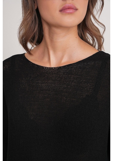 6933 Kadın Kayık Yaka İnce Mevsimlik Triko Kazak Siyah Siyah