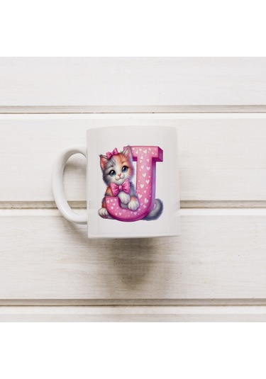 J Harfli Bardak, Sevimli Kedili Pembe Tasarım Bardak, Arkadaşa Aileye Hediye Porselen Beyaz