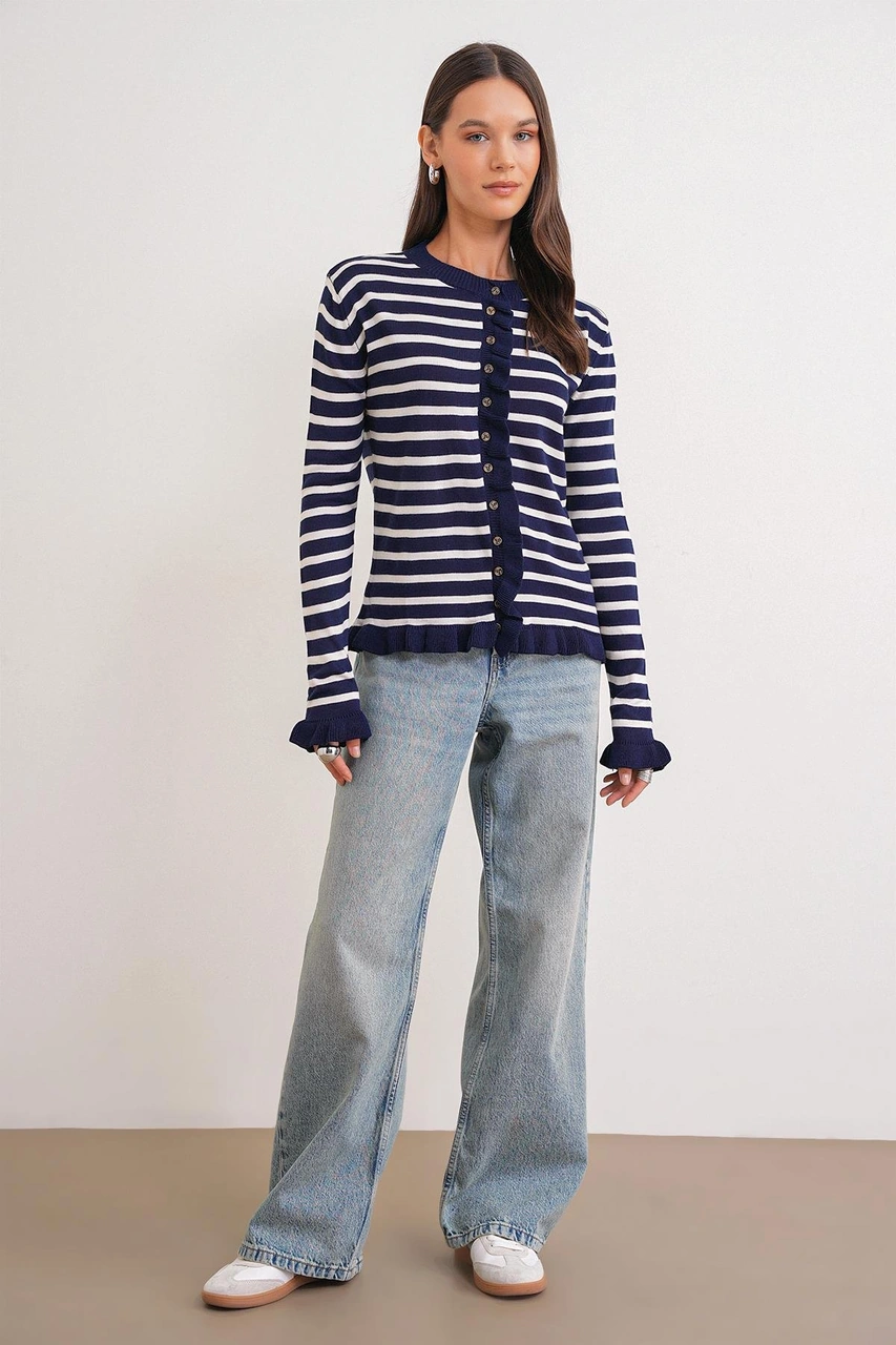 6965 Kadın Fırfır Detaylı Çizgili Triko Hırka Lacivert Lacivert