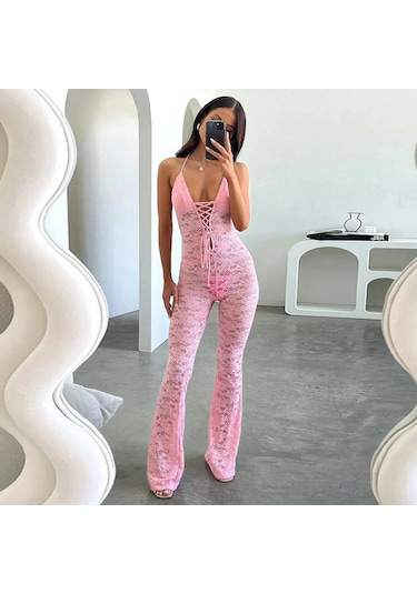 Lace Jumpsuit With Skinny Flared Legs Pink Pembe
