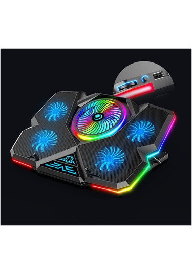 RGB Işıklı 5 Fanlı Notebook Soğutucu Mavi Ledli Telefon Tutuculu