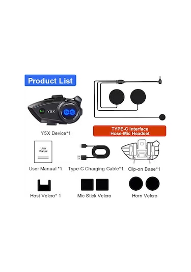 Y5x Rgb Işıklı Intercom 5 Kişi Bağlantılı 1000mah Motosiklet Bluetooth Kulaklık Seti