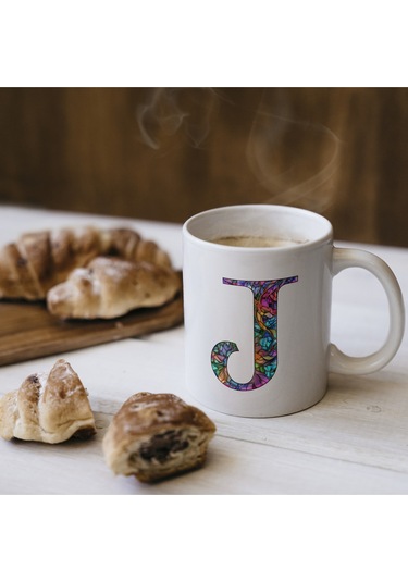 J Harfi Bardak 330 Ml İsme/harfe Özel Hediye, Renkli Harf Tasarım Beyaz