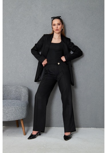 Kare Düğmeli Yünefekt Takım Siyah Siyah