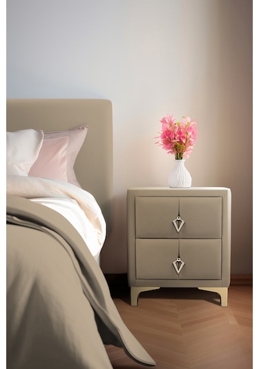 Harmony Gold Iki Çekmeceli Komodin- Yatak Odası Kumaş Döşemeli 2 Kapaklı Komodin Modeli Bej