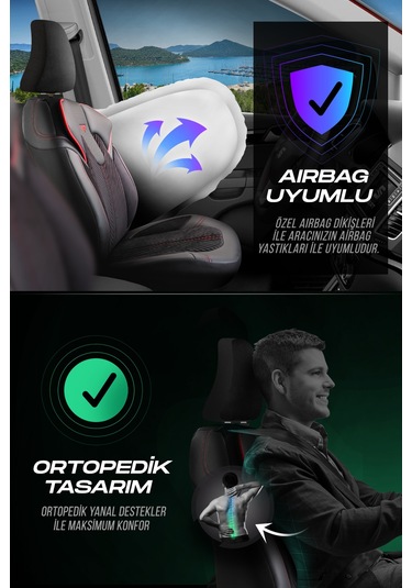 Siyah - Kırmızı Panda Monte Carlo Serisi Velor Kadife Kumaş Oto Koltuk Kılıfı - Tam Set