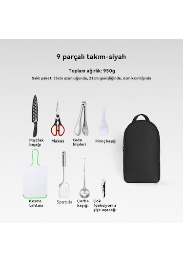 Açık Ocak Dokuz Parçalı Kamp Barbekü Paslanmaz Çelik Kesici Kesme Tahtası Siyah 9 Parçalı Takım Siyah