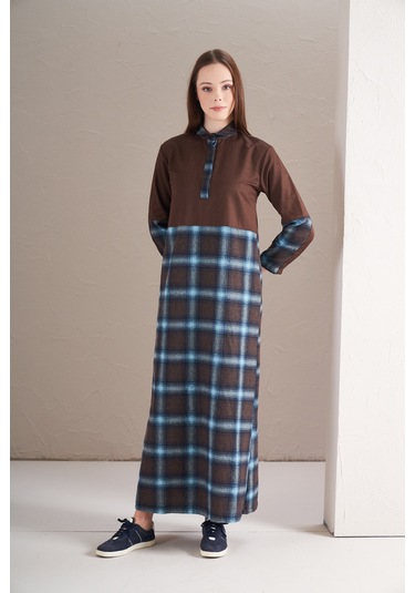 Blok Elbise Büyük Kareli Laci Kahve Laci Kahverengi - Lacivert