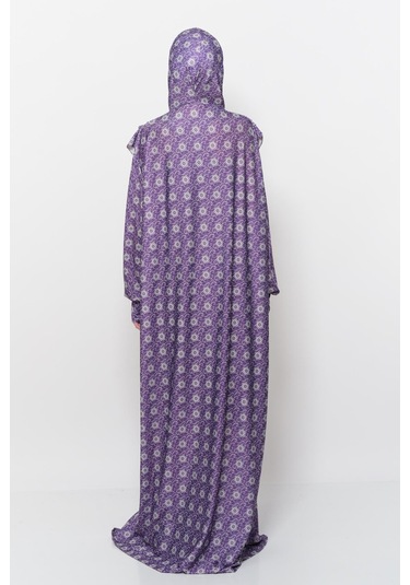 Pratik Tek Parça Güneş Desenli Kollu Tak Çıkar Başörtülü Likralı Tesettür Namaz Elbisesi 990-0302 Mor Antrasit