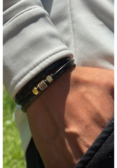 Taşlı Yılan Derisi Desenli El İşçiliği İle Üretilmiş Hakiki Deri Erkek Bileklik Siyah - Altın