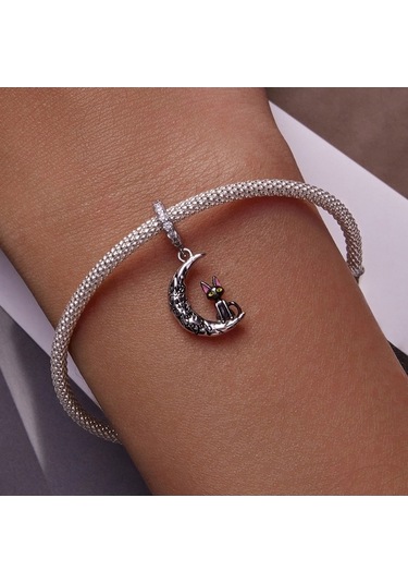 Fastbuy S925 Ayar Gümüş Ay Siyah Kedi Kolye Dıy Bilezik Çok Renkli Aksesuarlar Çok Renkli