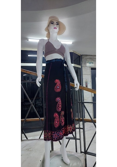 Bohem Stil Hint Batik Çiçek Desenli Ve İşlemeli Uzun Hint Anvelop Etek Görsel Çok Renkli