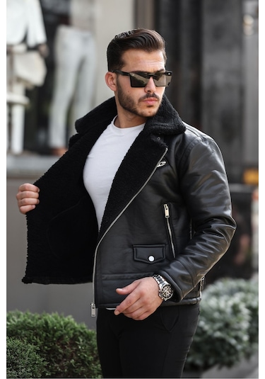 Erkek Napa Deri Çapraz Fermuarlı İçi Full Kürklü Yüksek Kalite Slim Fit Siyah Mont & Ceket Siyah